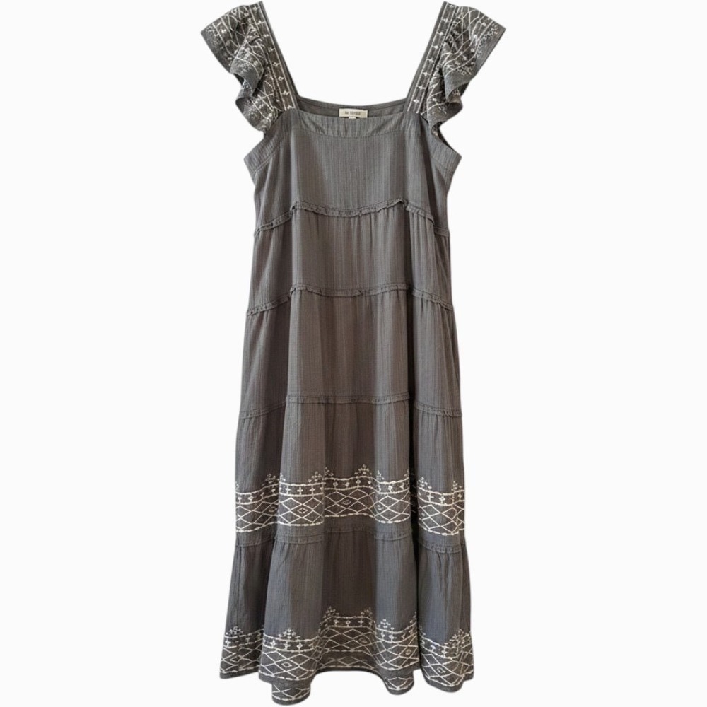 Knox Rose Gray Embroidered Tiered Maxi Dress Ruffle‎ Cap Sleeve Boho Women Large